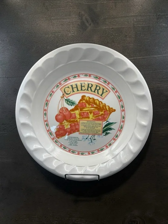 Vintage Ceramic Cherry Pie Plate Dish w/ Recipe Himark Golden Collection Korea - Picture 5 of 12